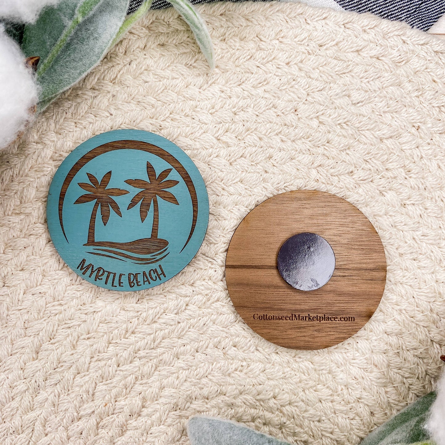 Palm Tree Beach - Wooden Button Magnet