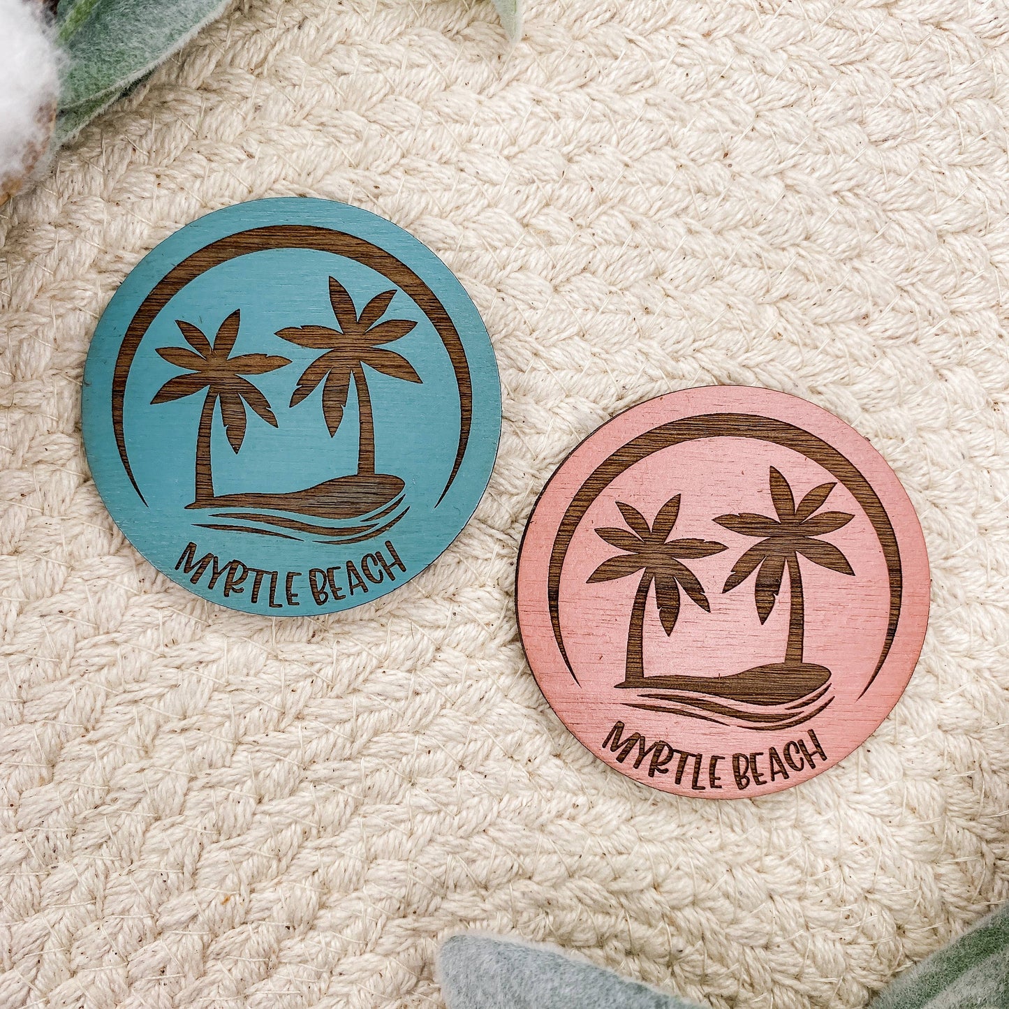 Palm Tree Beach - Wooden Button Magnet
