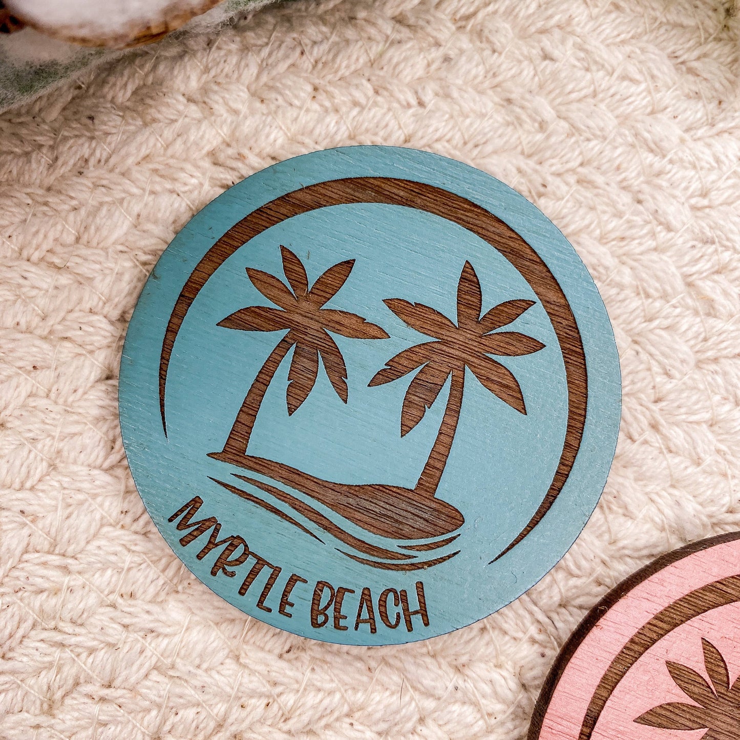 Palm Tree Beach - Wooden Button Magnet