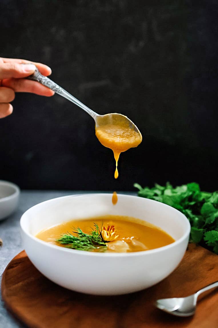 Vibrant Vegan Carrot Ginger Dill Soup with Chestnuts - 16 Oz