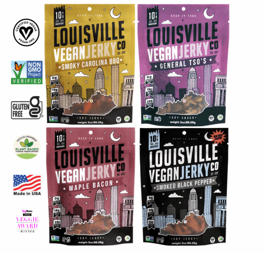 Louisville Vegan Jerky Our newest flavor, General Tso's and Top 3 - Smoky Carolina BBQ, Maple Bacon and Smoked Black Pepper